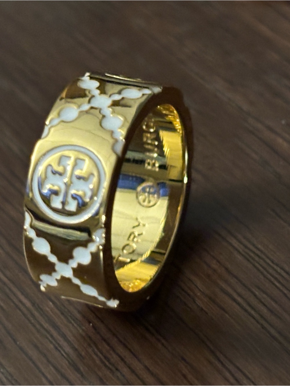 Brand new without tags Tory Burch Gold and White Enamel Logo Ring size 8